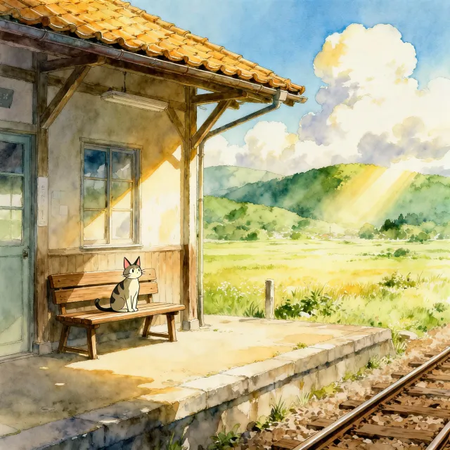 A countryside train station with a cat waiting on a bench. Rendered in Studio Ghibli animation style with Miyazaki's watercolor backgrounds and hand-drawn quality. - Seedream 4.0