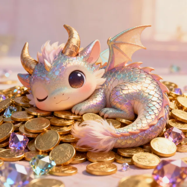A cute chibi-style dragon sleeping on a pile of gold - Bytedance Seedream 4.0
