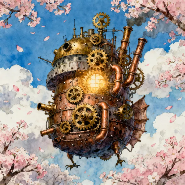 A floating steampunk castle in the sky with intricate mechanical gears and cherry blossom trees, illustrated in Hayao Miyazaki's Castle in the Sky (1986) art style with watercolor textures and detailed line work. - Seedream 4.0