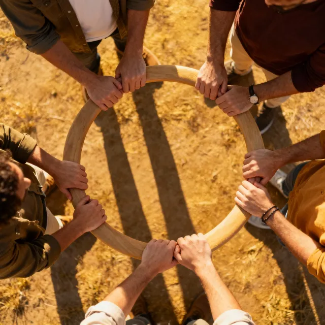 A group of five people joining hands in a circle, seen from above - Bytedance Seedream 4.0