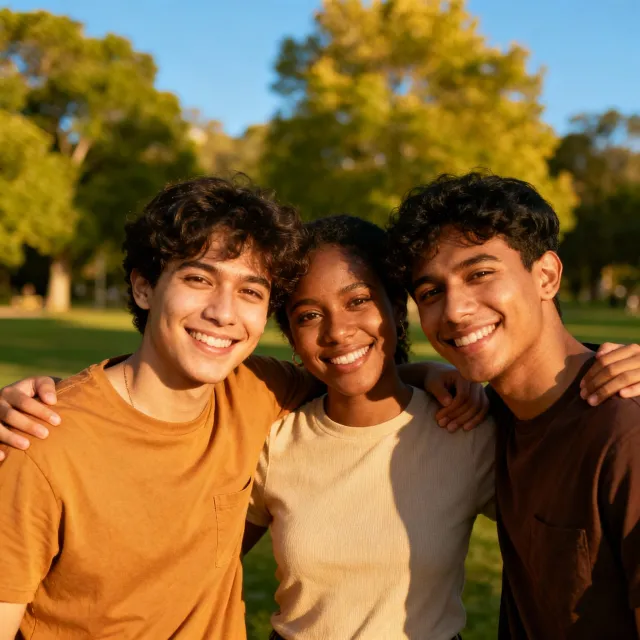 A group selfie of three friends of different ethnic backgrounds smiling at the camera. - Seedream 4.0