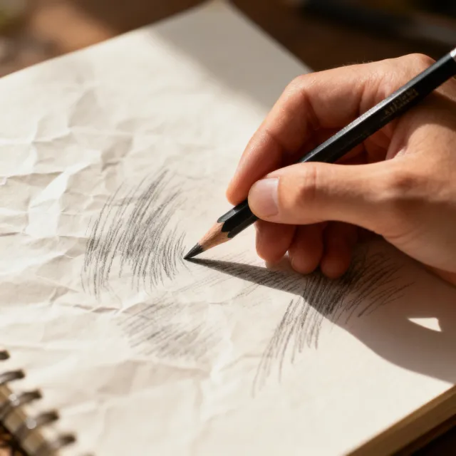 A hand drawing a sketch on paper with a pencil, the hand and pencil tip in clear focus - Bytedance Seedream 4.0