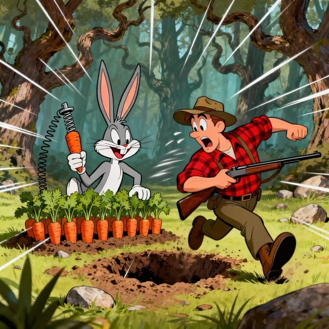 A Looney Tunes-inspired cartoon scene of a clever rabbit tricking a hunter - Bytedance Seedream 4.0