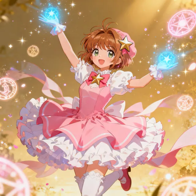 A magical girl character in a frilly dress, casting a spell (classic anime trope). - Seedream 4.0