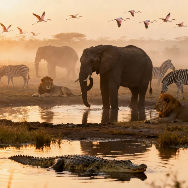 A misty dawn at an African savanna watering hole where elephants, lions, and zebras coexist in tense harmony, with a crocodile partially submerged in the foreground and flamingos taking flight in the background, golden hour lighting. - Seedream 4.0