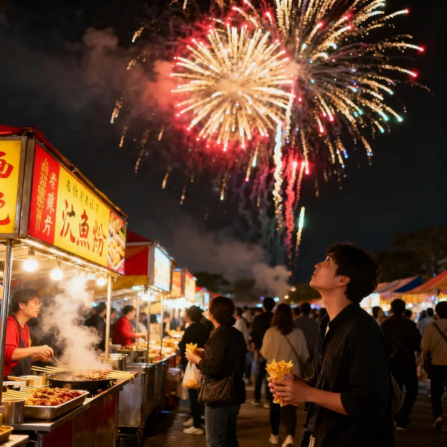 A nighttime festival with fireworks in the sky, food stalls lined up, and crowds mingling. - Seedream 4.0