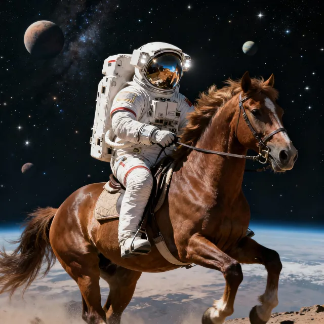 A realistic astronaut being ridden by a horse, photorealistic depiction in outer space… - Bytedance Seedream 4.0