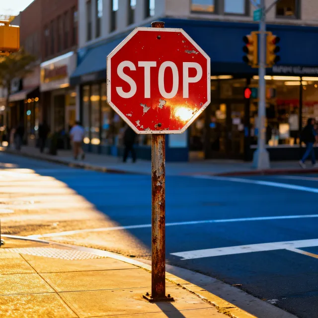 A red stop sign on a street corner displaying the word "STOP", photorealistic urban… - Bytedance Seedream 4.0