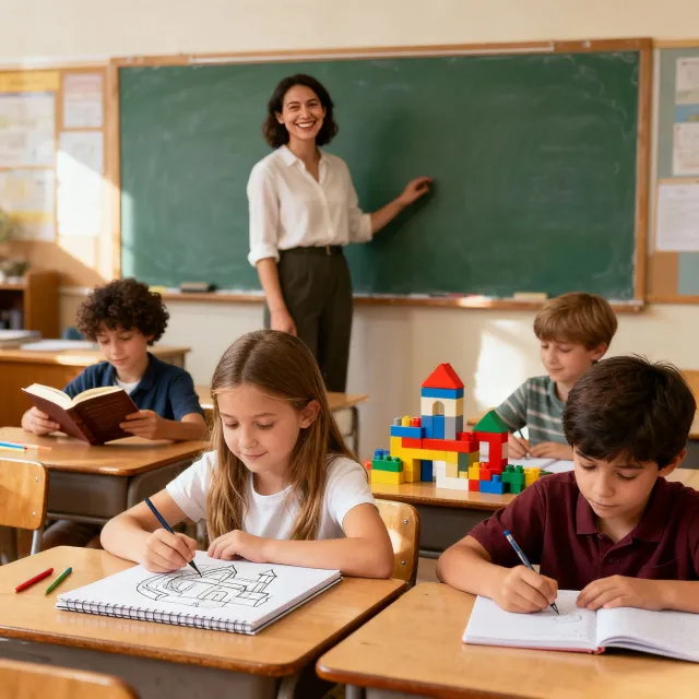 A school classroom of children and a teacher, each student engaged in a different… - Bytedance Seedream 4.0