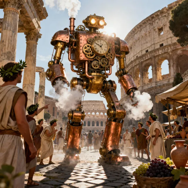 A steampunk robot time-traveling in ancient Rome, depicted in a detailed cinematic style… - Bytedance Seedream 4.0