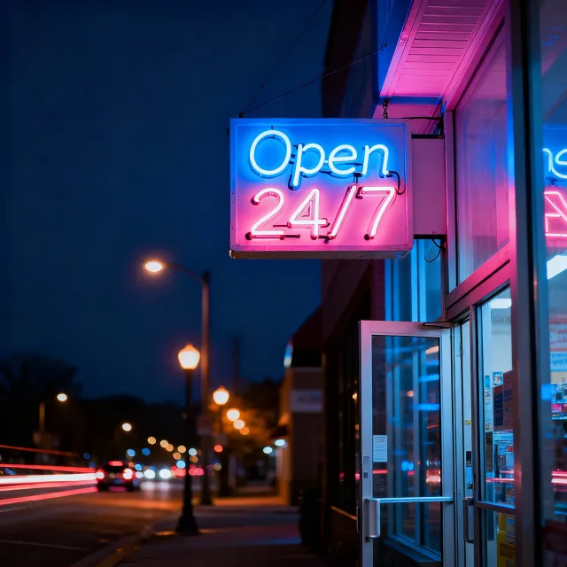 A storefront sign that says "Open 24/7" in neon lights, nighttime urban photography - Bytedance Seedream 4.0