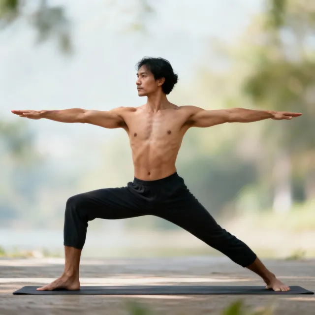 A yoga practitioner in a complex pose, arms and legs fully extended (full-body view) - Bytedance Seedream 4.0