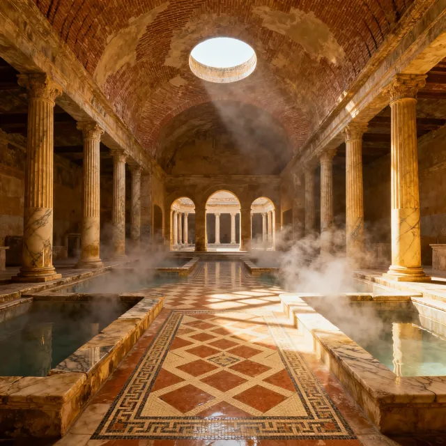 An ancient Roman bathhouse interior with accurate architectural details - marble columns, mosaic floors, arched ceilings, and steam rising from pools. Natural light from oculus openings. - Seedream 4.0