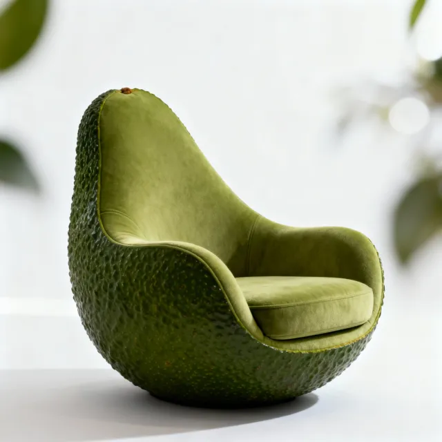 An armchair designed in the shape of an avocado, presented in a contemporary product photography style with professional studio lighting against a minimalist background. - Seedream 4.0