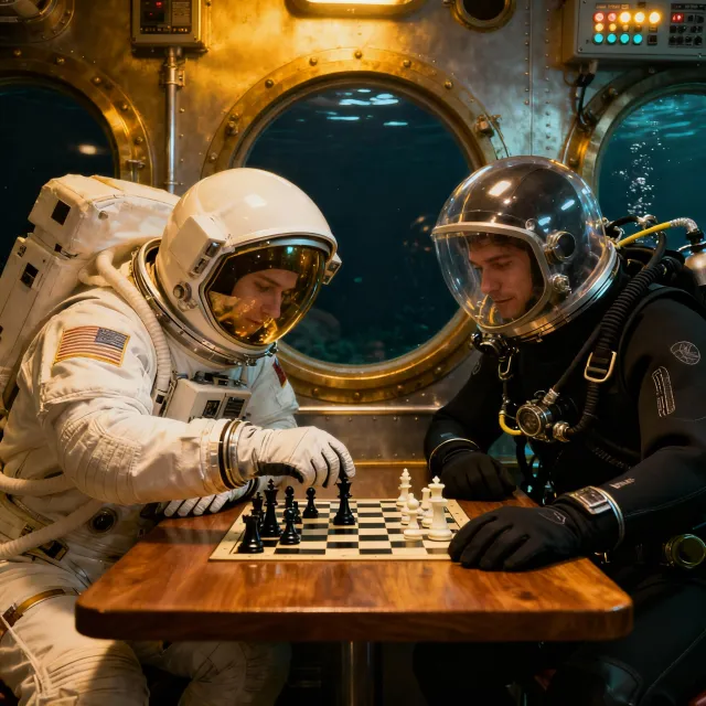 An astronaut and a deep-sea diver playing chess together inside a submarine - Bytedance Seedream 4.0