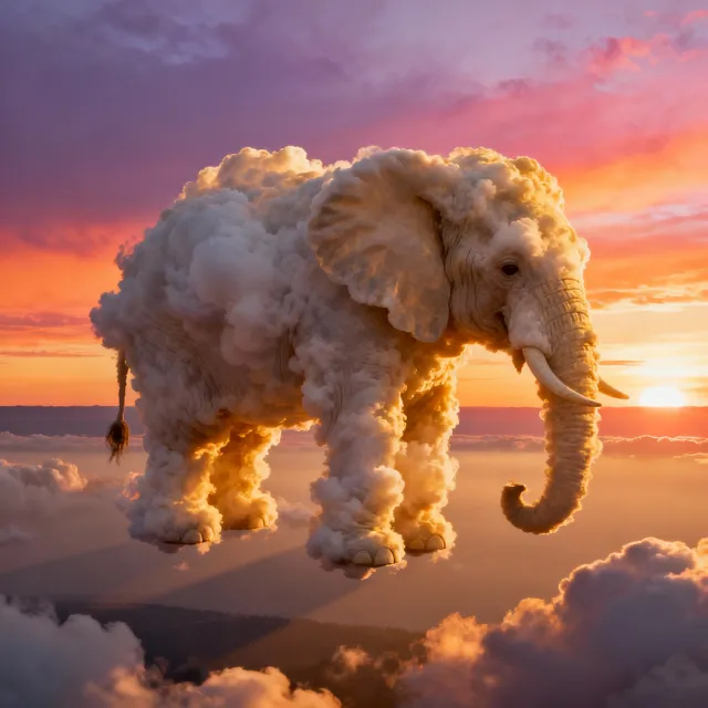 An elephant made of clouds floating in a sunset sky, rendered in a surrealist… - Bytedance Seedream 4.0