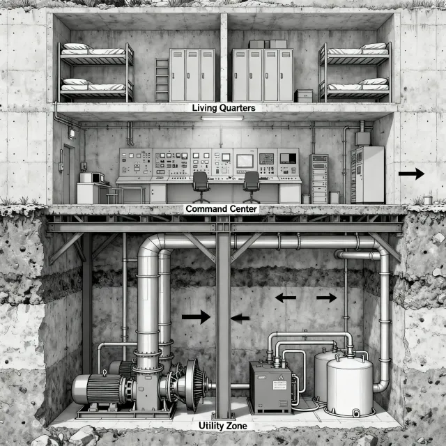 Cross-section rendering of a multi-level underground bunker with different functional… - Bytedance Seedream 4.0