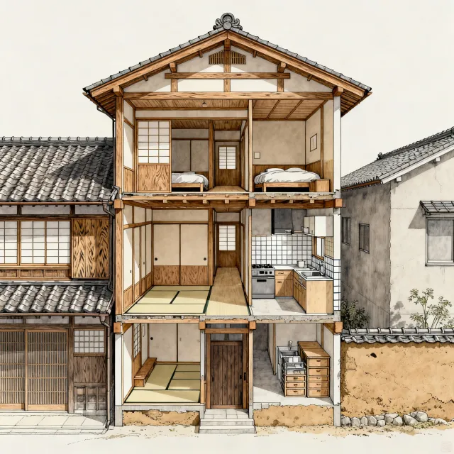 Cutaway architectural drawing of a traditional Japanese machiya townhouse showing all… - Bytedance Seedream 4.0