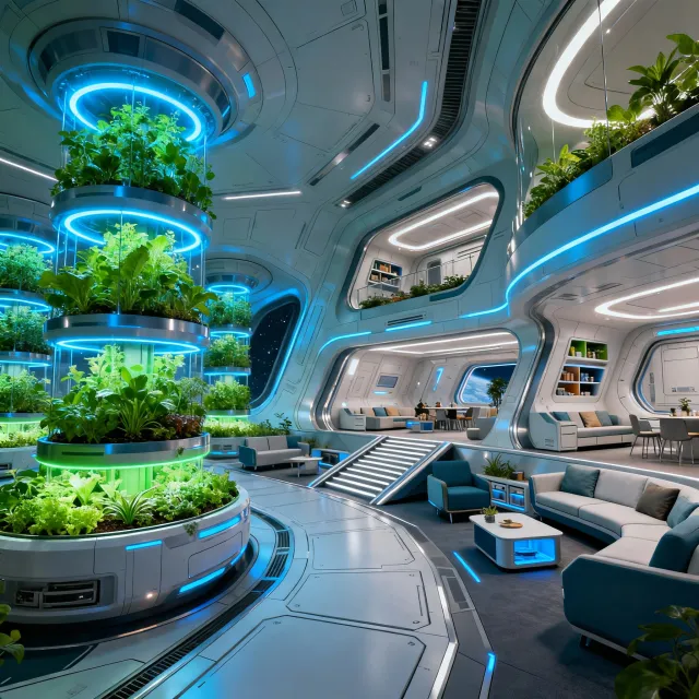 Interior of a futuristic space habitat with hydroponics gardens, communal areas, and… - Bytedance Seedream 4.0