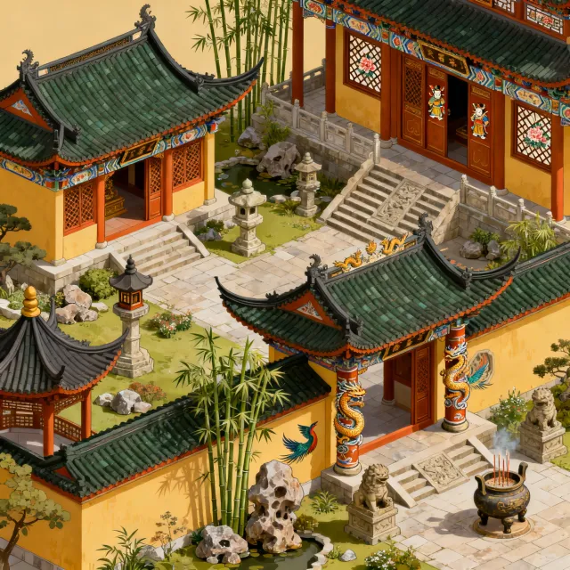 Isometric architectural illustration of an ancient Chinese temple complex showing… - Bytedance Seedream 4.0
