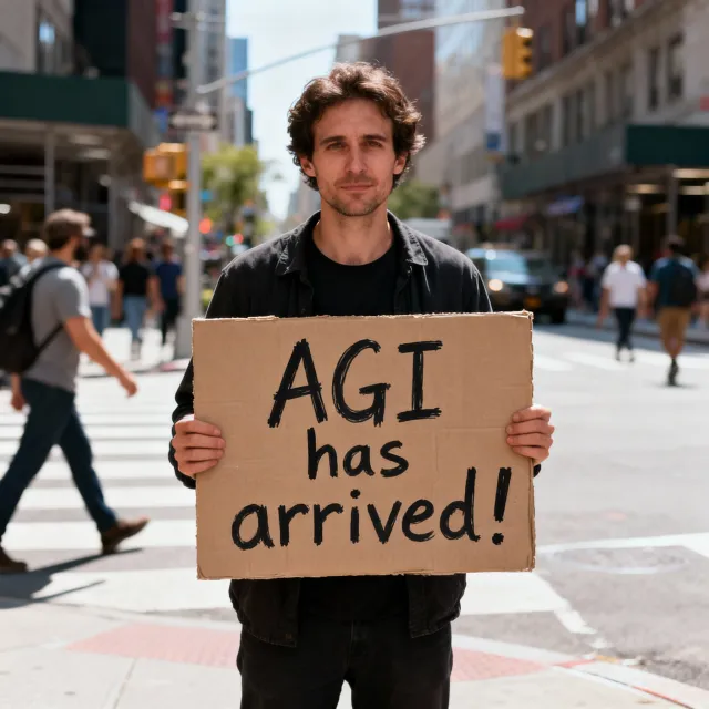 Photorealistic daytime street photograph, clearly showing a man standing still on a busy urban street corner holding a rectangular cardboard sign clearly facing camera, handwritten bold black marker text clearly readable as "AGI has arrived!", background blurred with realistic pedestrians and cityscape - Seedream 4.0