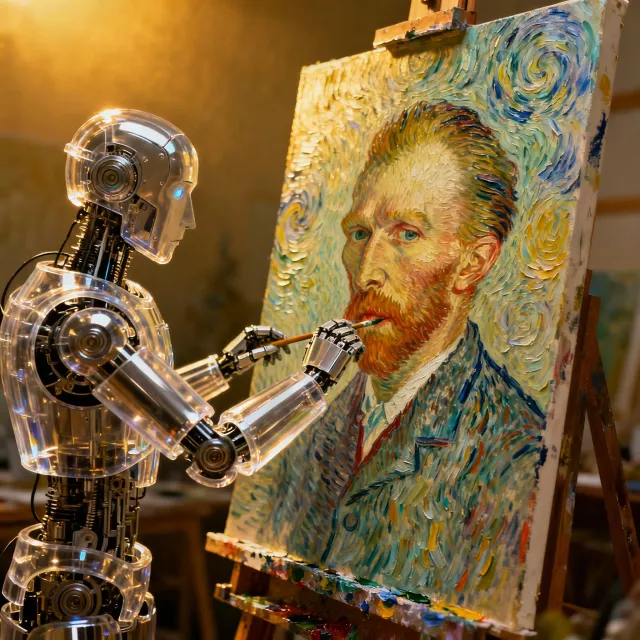 Photorealistic image of a robot painting a realistic self-portrait (i.e. the robot) on… - Bytedance Seedream 4.0