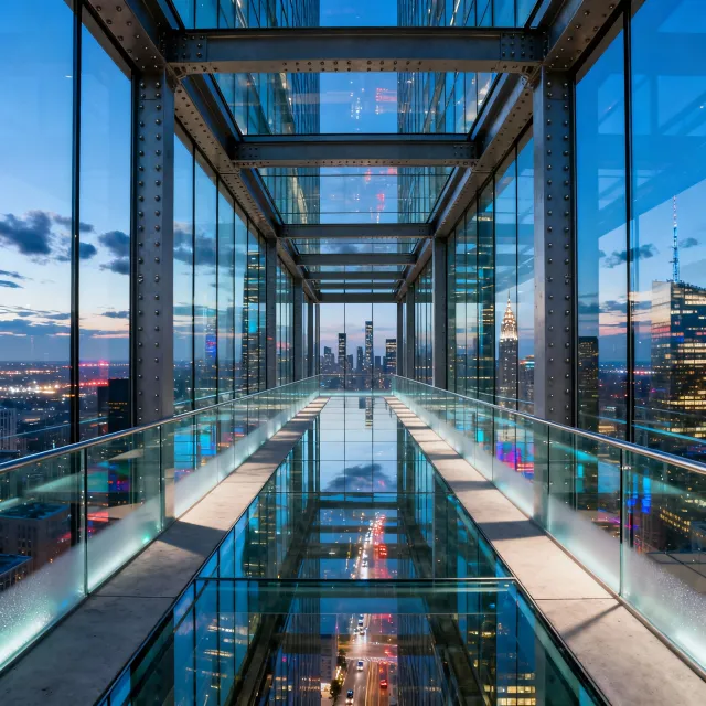 Photorealistic rendering of a contemporary glass skybridge between two skyscrapers, seen… - Bytedance Seedream 4.0
