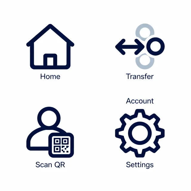 Set of 5 consistent flat design icons for a mobile banking app: 'Home', 'Transfer'… - Bytedance Seedream 4.0