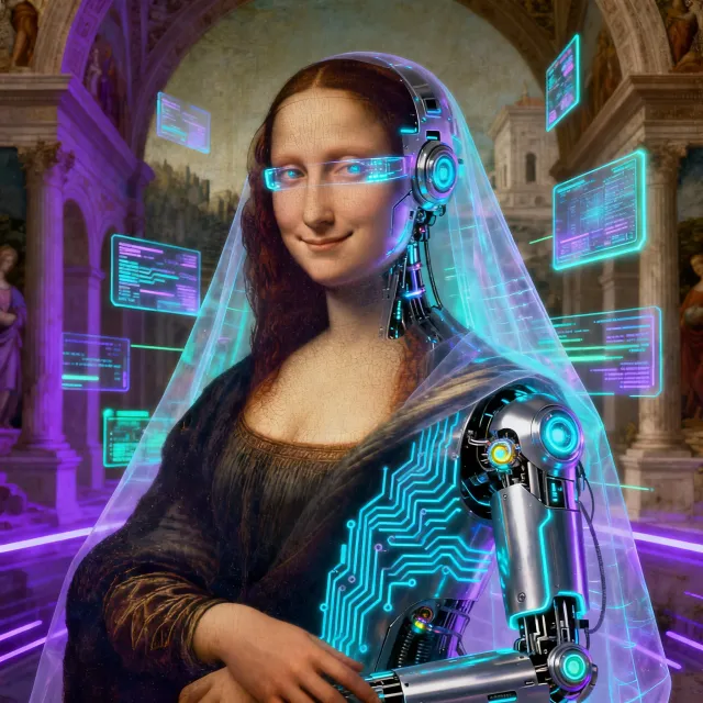 The Mona Lisa reimagined as a futuristic android, rendered in a digital art style that… - Bytedance Seedream 4.0