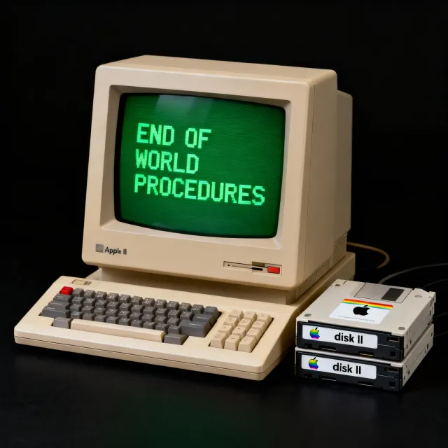 Vintage Apple II computer with green monochrome CRT screen, displaying 'END OF WORLD… - Bytedance Seedream 4.0