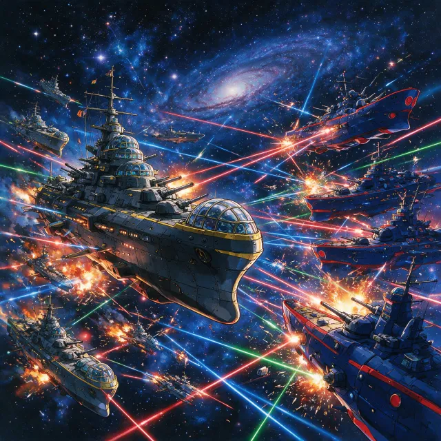 A 90s anime-style space battle scene with giant starships and laser beams. - Seedream 5.0 Pro