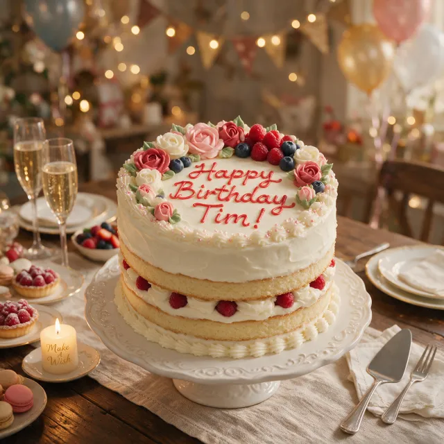 A birthday cake with icing that spells "Happy Birthday Tim!" on top, food photography… - Bytedance Seedream 5.0 Pro