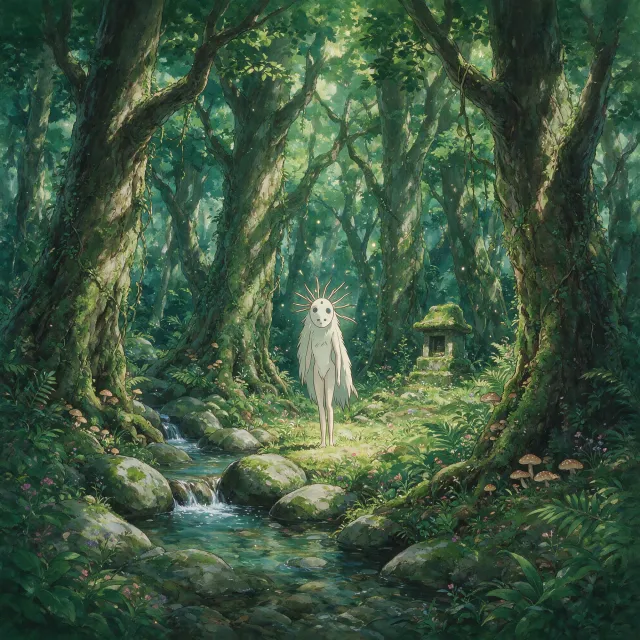 A forest spirit standing among tall trees. Replicate the artistic style of 'Princess Mononoke' by Studio Ghibli, with Miyazaki's detailed environments and mystical creature design. - Seedream 5.0 Pro