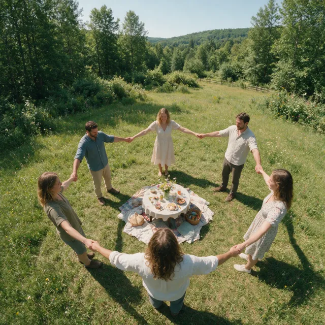 A group of five people joining hands in a circle, seen from above - Bytedance Seedream 5.0 Pro
