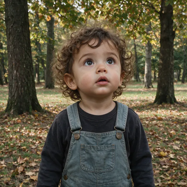 A hyper-realistic photo of a toddler with curly hair and big eyes, looking upward. - Seedream 5.0 Pro