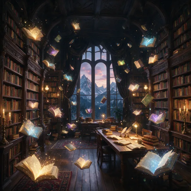 A library where the books are glowing and floating in mid-air, illustrated in a magical realism style with dramatic lighting and rich atmospheric colors. - Seedream 5.0 Pro