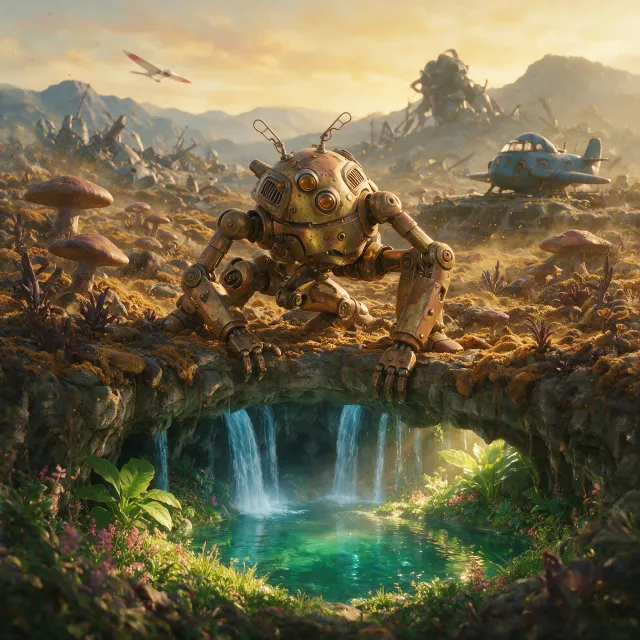 A mechanical creature in a polluted landscape. Capture the visual aesthetic of 'Nausicaä'… - Bytedance Seedream 5.0 Pro