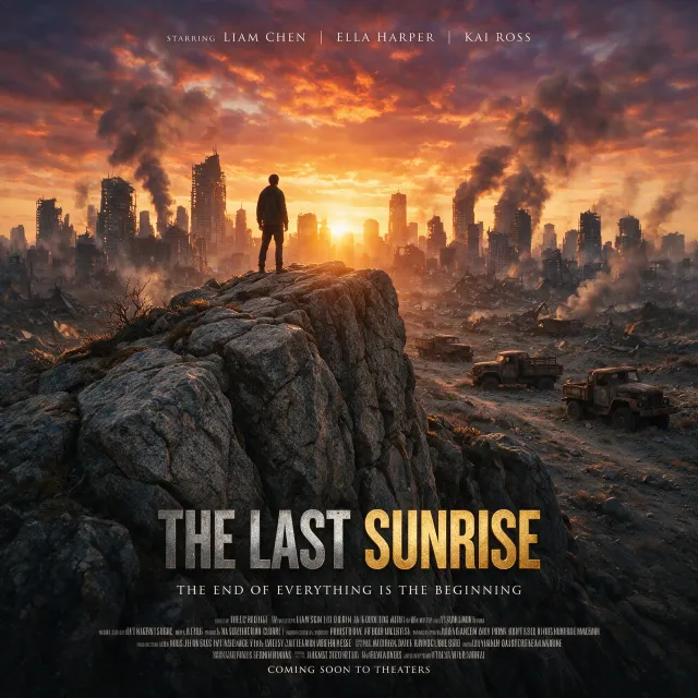 A movie poster for a fictional film titled "The Last Sunrise". Dramatic Hollywood design style. - Seedream 5.0 Pro