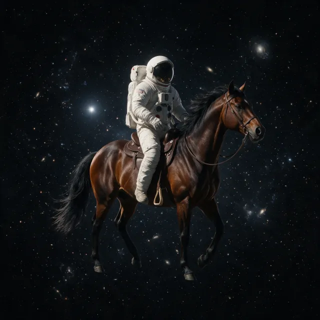 A realistic astronaut being ridden by a horse, photorealistic depiction in outer space… - Bytedance Seedream 5.0 Pro
