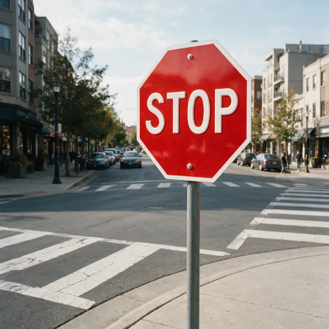 A red stop sign on a street corner displaying the word "STOP", photorealistic urban photography. - Seedream 5.0 Pro