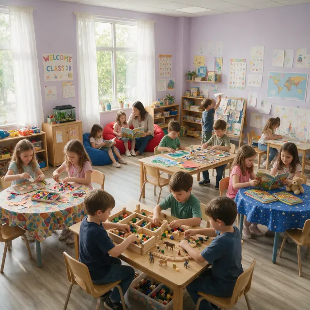 A school classroom of children and a teacher, each student engaged in a different activity. - Seedream 5.0 Pro