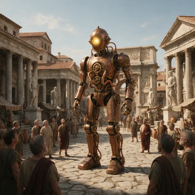 A steampunk robot time-traveling in ancient Rome, depicted in a detailed cinematic style… - Bytedance Seedream 5.0 Pro