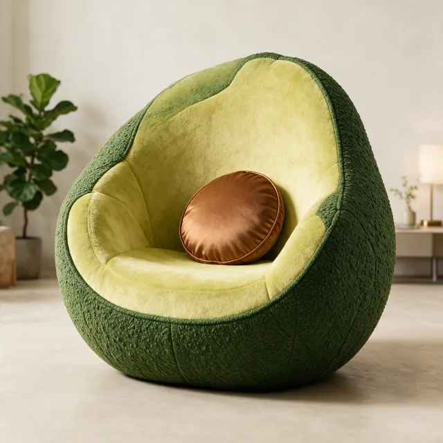 An armchair designed in the shape of an avocado, presented in a contemporary product photography style with professional studio lighting against a minimalist background. - Seedream 5.0 Pro