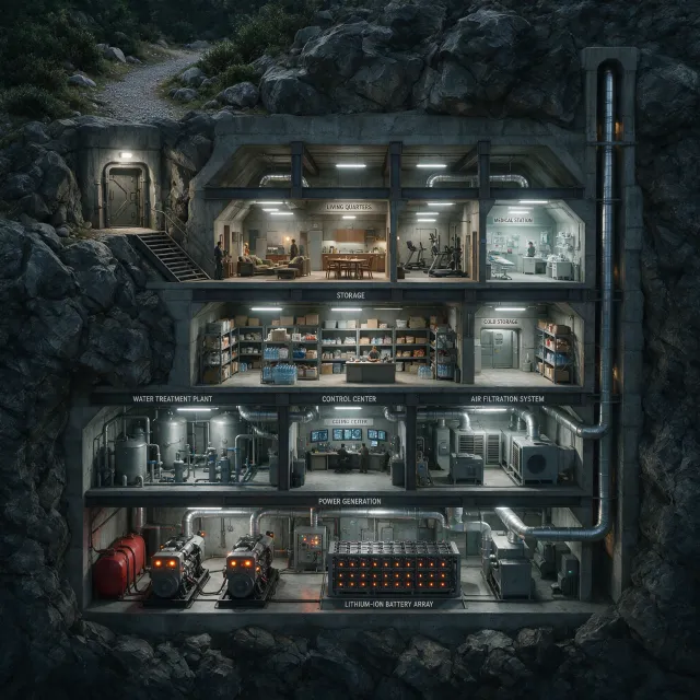 Cross-section rendering of a multi-level underground bunker with different functional… - Bytedance Seedream 5.0 Pro