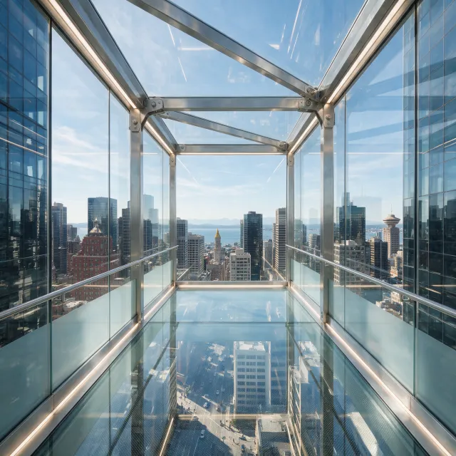 Photorealistic rendering of a contemporary glass skybridge between two skyscrapers, seen… - Bytedance Seedream 5.0 Pro