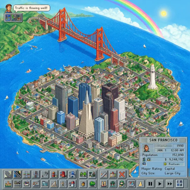 Pixel art cityscape of San Francisco in the iconic SimCity 2000 style, isometric view… - Bytedance Seedream 5.0 Pro