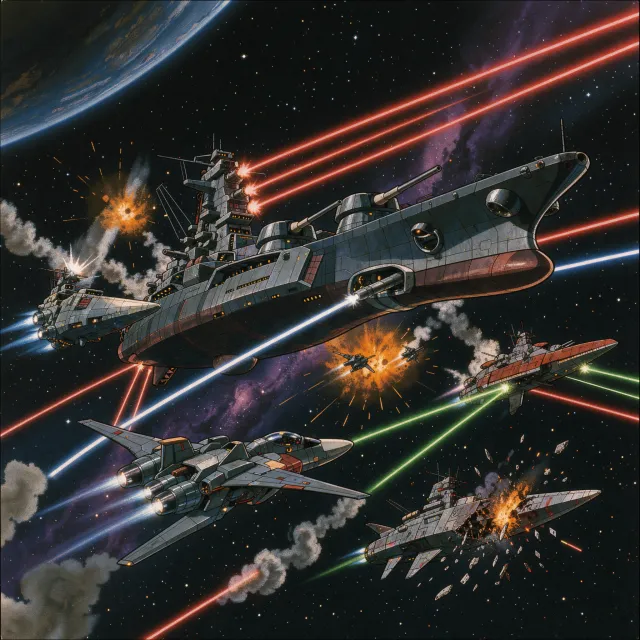 A 90s anime-style space battle scene with giant starships and laser beams. - Takumi 1.1