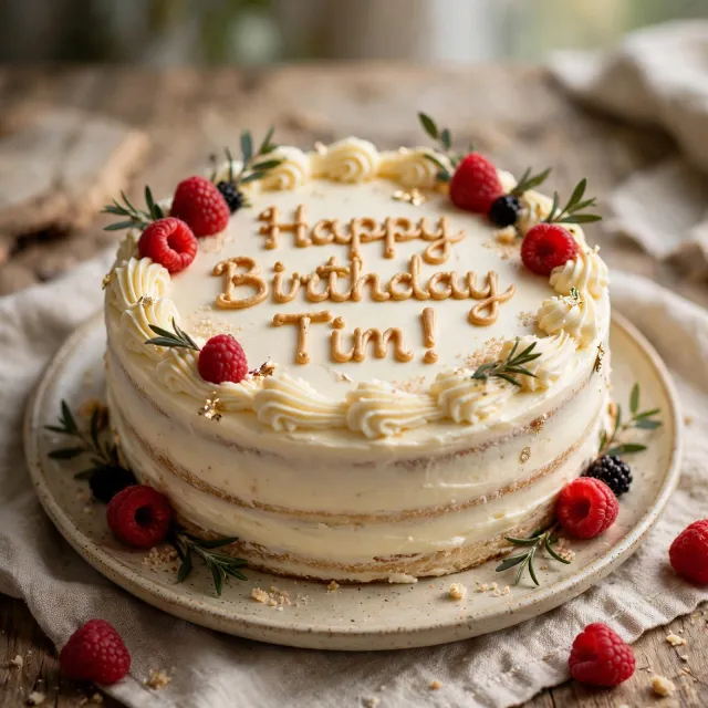 A birthday cake with icing that spells "Happy Birthday Tim!" on top, food photography style. - Takumi 1.1