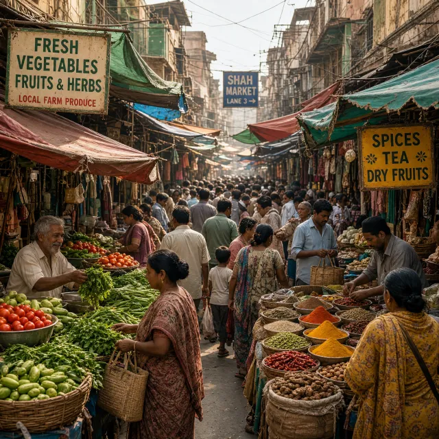 A bustling market scene with dozens of people buying and selling goods. - Takumi 1.1