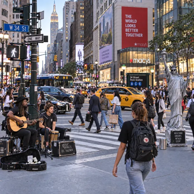 A busy city intersection with cars, pedestrians, and street performers all in one frame. - Takumi 1.1
